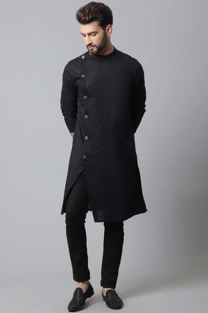 Buy Men's Black Cotton Self-design Long Kurta Online - KARMAPLACE