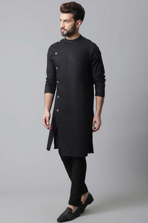 Buy Men's Black Cotton Self-design Long Kurta Online - KARMAPLACE