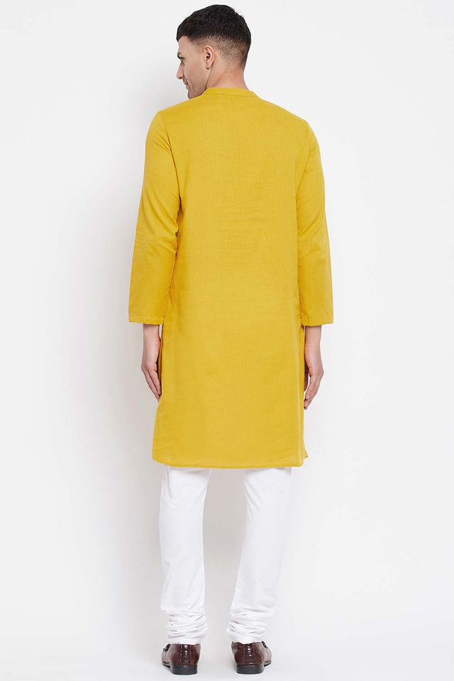Buy Men's Yellow Cotton Solid Long Kurta Top Online - Side