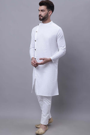 Buy Men's White Cotton Solid Long Kurta Top Online - Back
