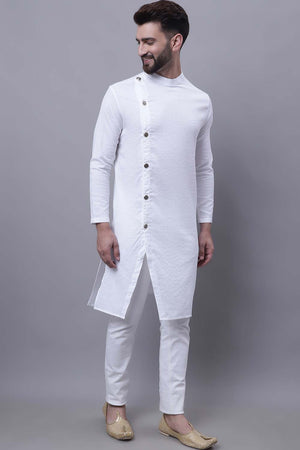 Buy Men's White Cotton Solid Long Kurta Top Online - Front