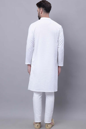 Buy Men's White Cotton Solid Long Kurta Top Online - Side