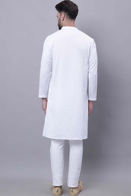Buy Men's White Cotton Solid Long Kurta Top Online - Side