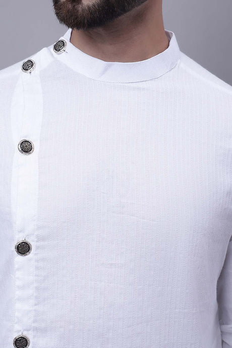 Buy Men's White Cotton Solid Long Kurta Top Online - Zoom In