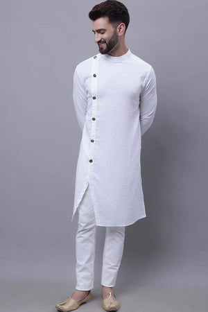 Buy Men's White Cotton Solid Long Kurta Top Online - Zoom Out