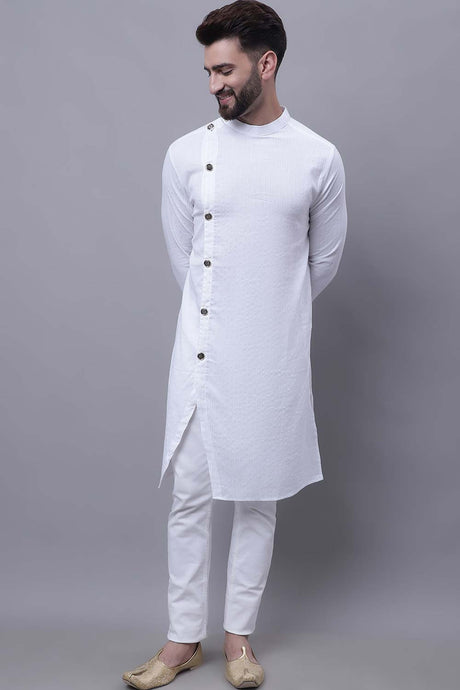 Buy Men's White Cotton Solid Long Kurta Top Online - Zoom Out