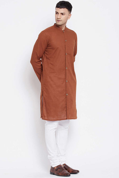 Buy Men's Pure Cotton Solid Sherwani Kurta in Brown - Side