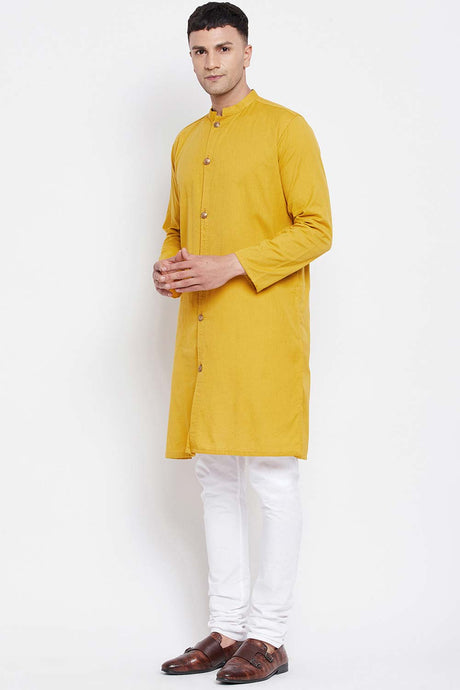 Buy Men's Pure Cotton Solid Sherwani Kurta in Yellow - Back