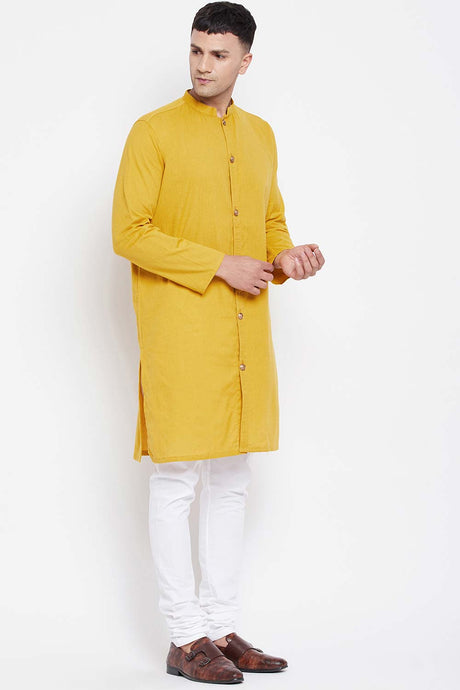 Buy Men's Pure Cotton Solid Sherwani Kurta in Yellow - Side