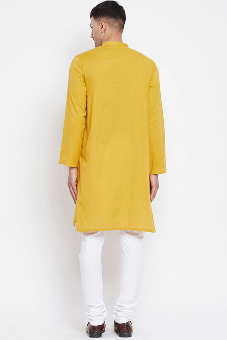 Buy Men's Pure Cotton Solid Sherwani Kurta in Yellow - Zoom in