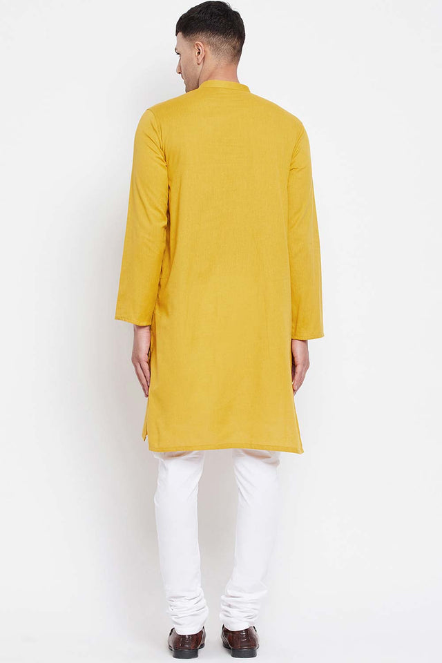 Buy Men's Pure Cotton Solid Sherwani Kurta in Yellow - Zoom in