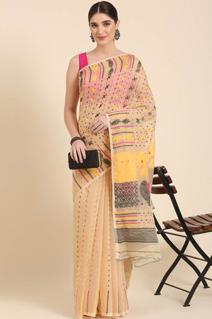 Cream Silk Blend Self-Design Saree