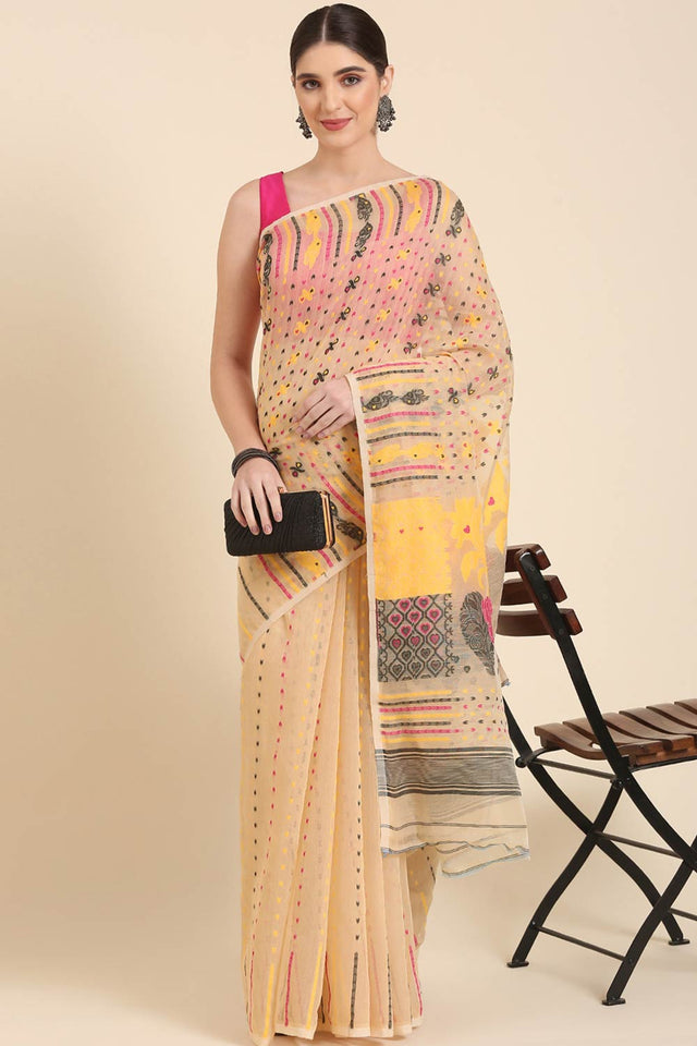 Cream Silk Blend Self-Design Saree