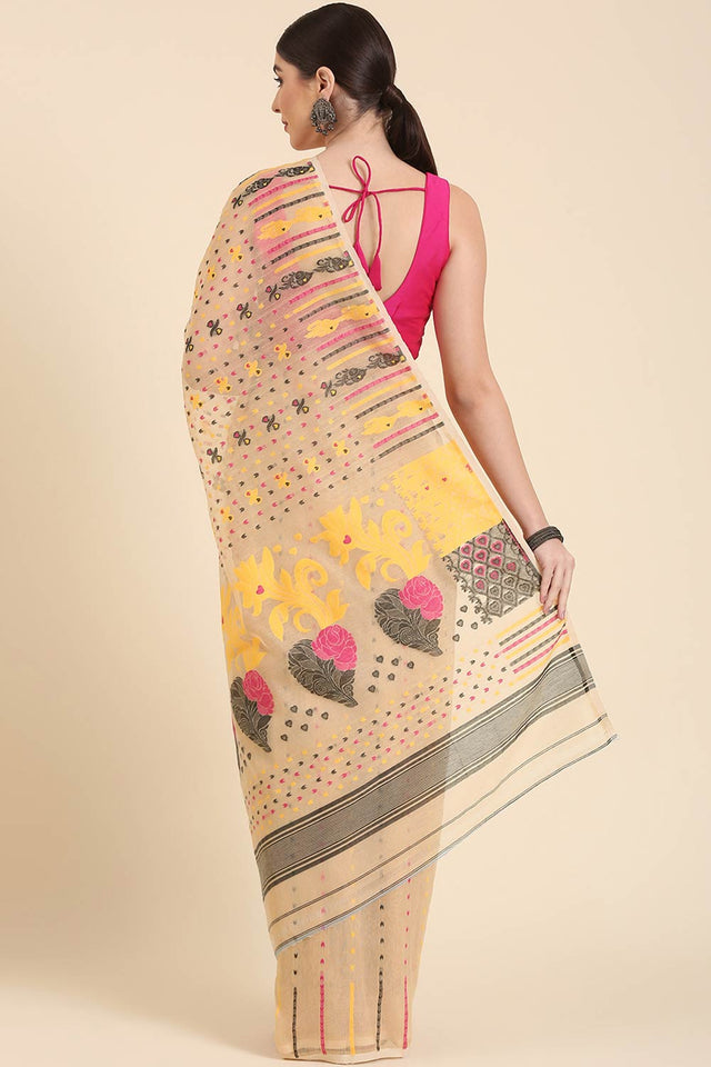 Cream Silk Blend Self-Design Saree