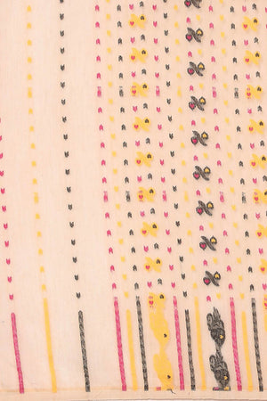 Cream Silk Blend Self-Design Saree