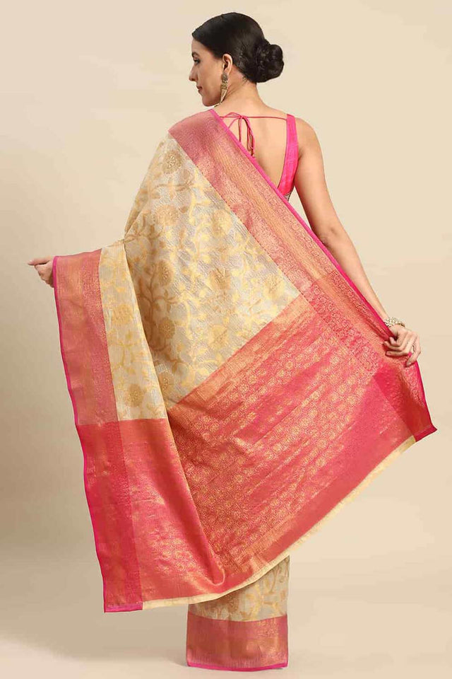 Buy Beige Tusser Art Silk Floral Printed Banarasi Saree Online