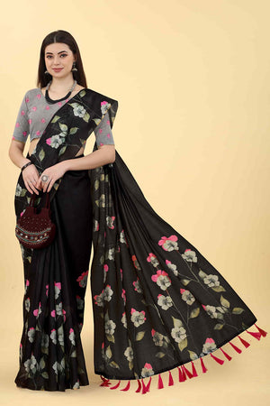 Black Printed Cotton Blend Saree