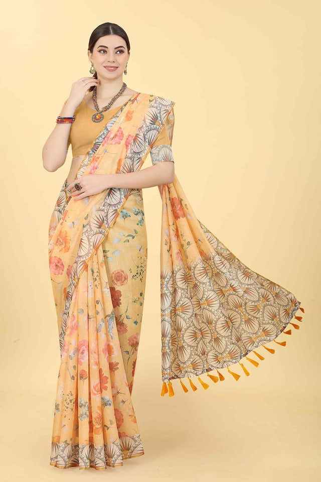 Peach Printed Cotton Blend Saree