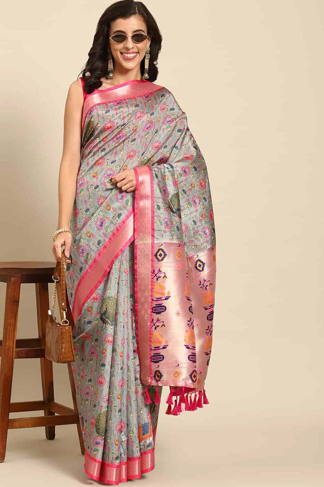 Grey Zari Art Silk Saree