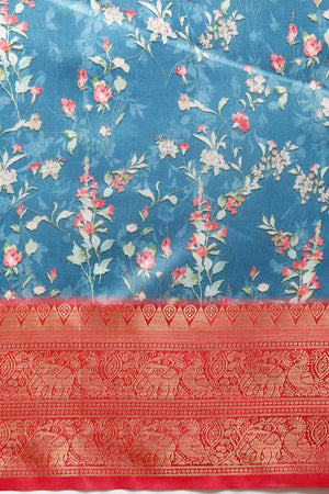 Navy Blue Silk Printed Saree