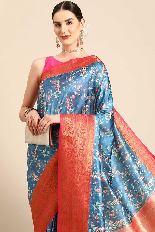 Navy Blue Silk Printed Saree