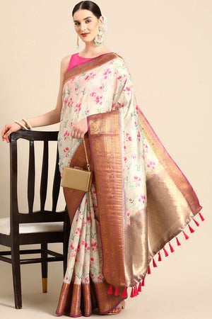 Beige Silk Printed Saree
