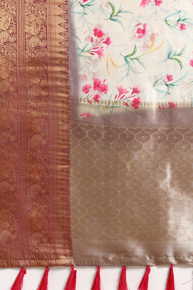 Beige Silk Printed Saree