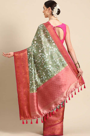 Olive Green Silk Printed Saree