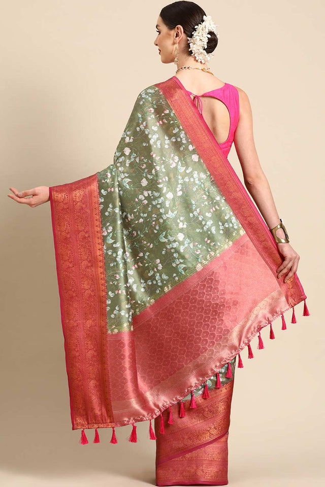 Olive Green Silk Printed Saree