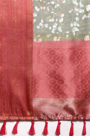 Olive Green Silk Printed Saree