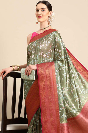 Olive Green Silk Printed Saree