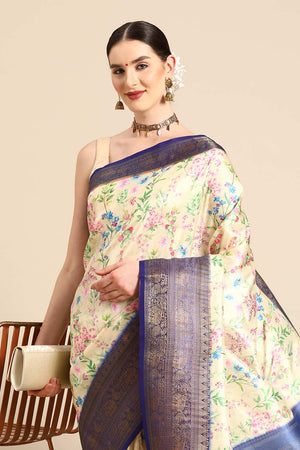 Beige Silk Printed Saree