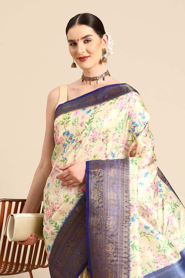 Beige Silk Printed Saree