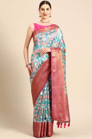 Teal Silk Printed Saree