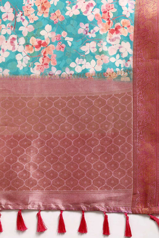 Teal Silk Printed Saree