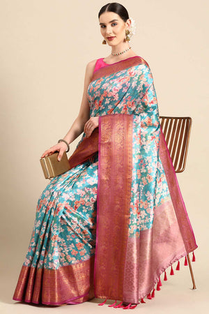 Teal Silk Printed Saree