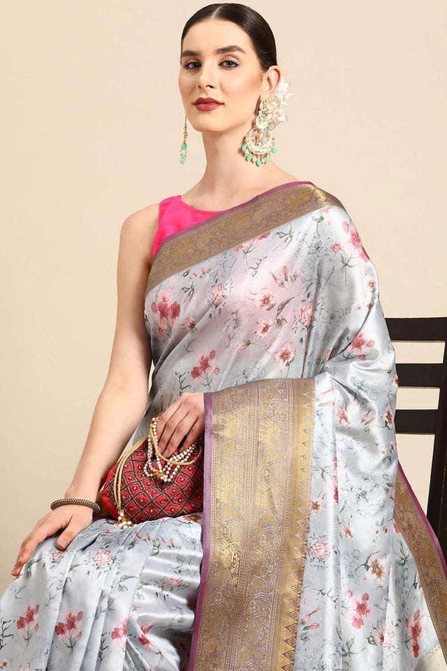 Grey Silk Printed Saree