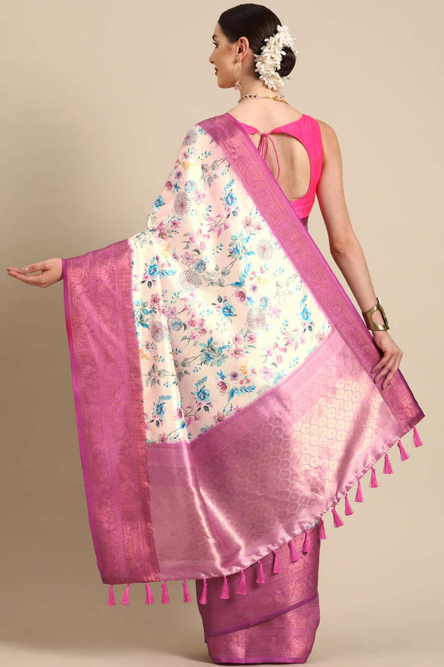 Off White Silk Printed Saree