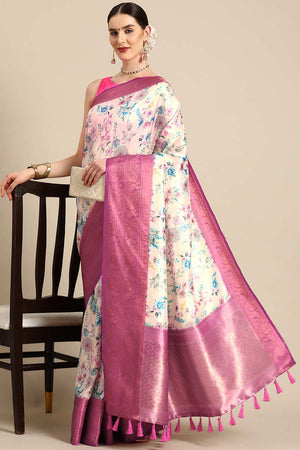 Off White Silk Printed Saree