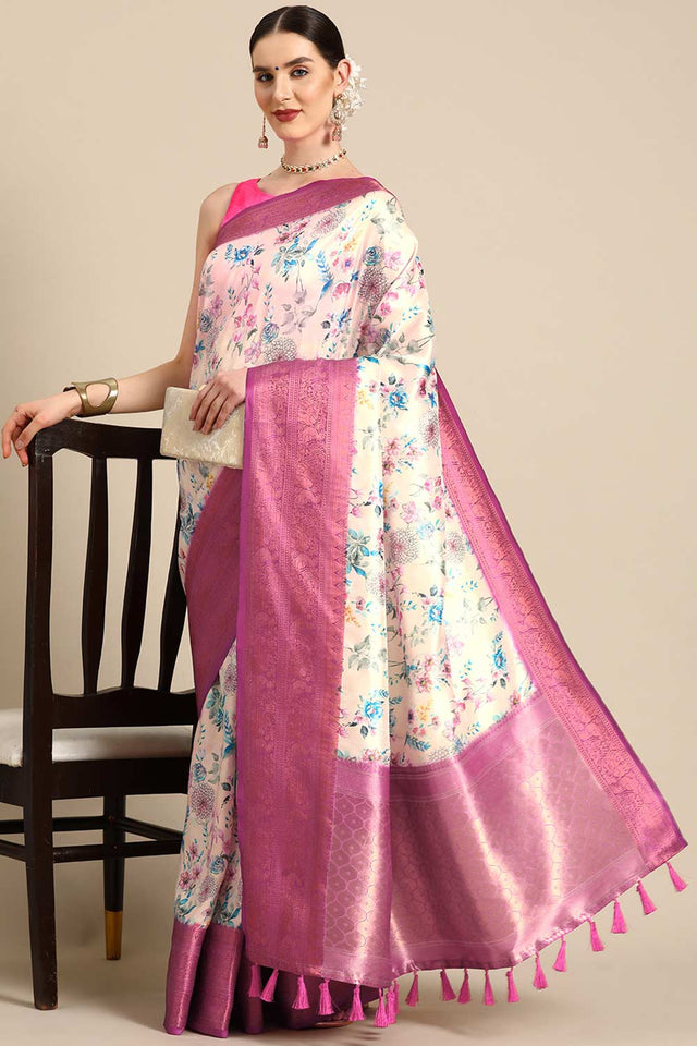 Off White Silk Printed Saree