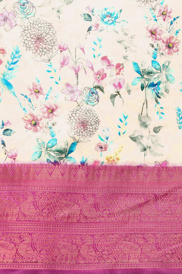 Off White Silk Printed Saree