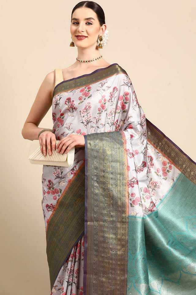 Grey Silk Printed Saree