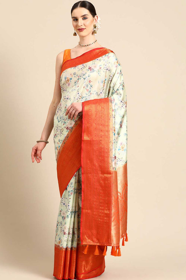 Lime Green Silk Printed Saree