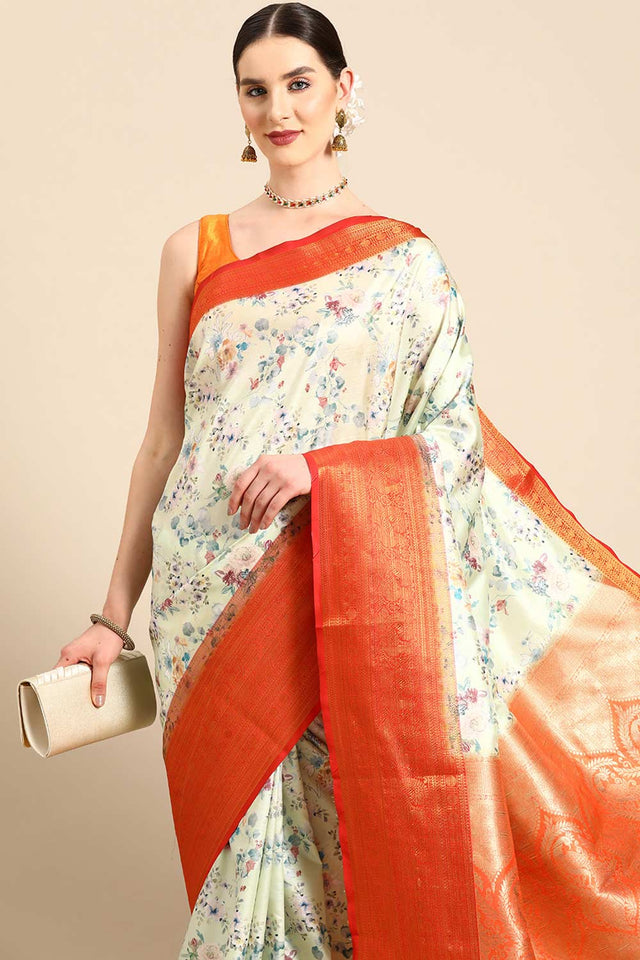 Lime Green Silk Printed Saree