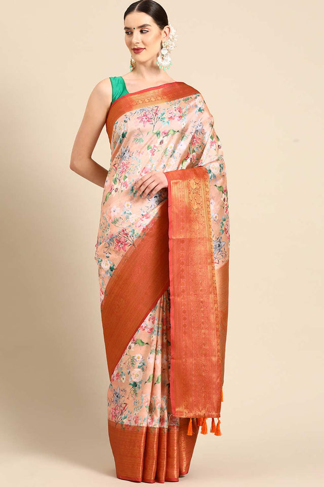 Orange Silk Printed Saree