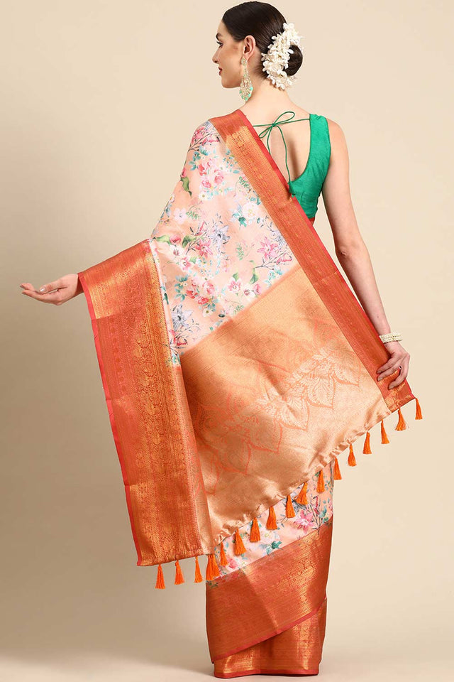 Orange Silk Printed Saree