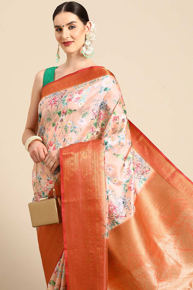 Orange Silk Printed Saree
