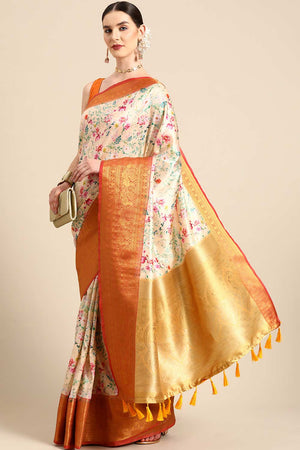 Orange Silk Printed Saree