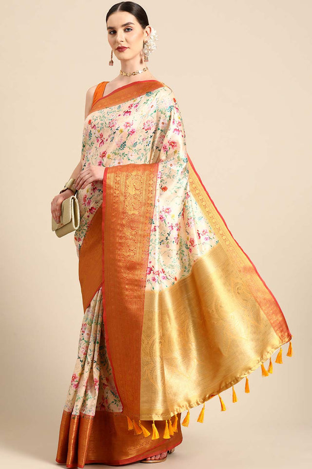 Orange Silk Printed Saree