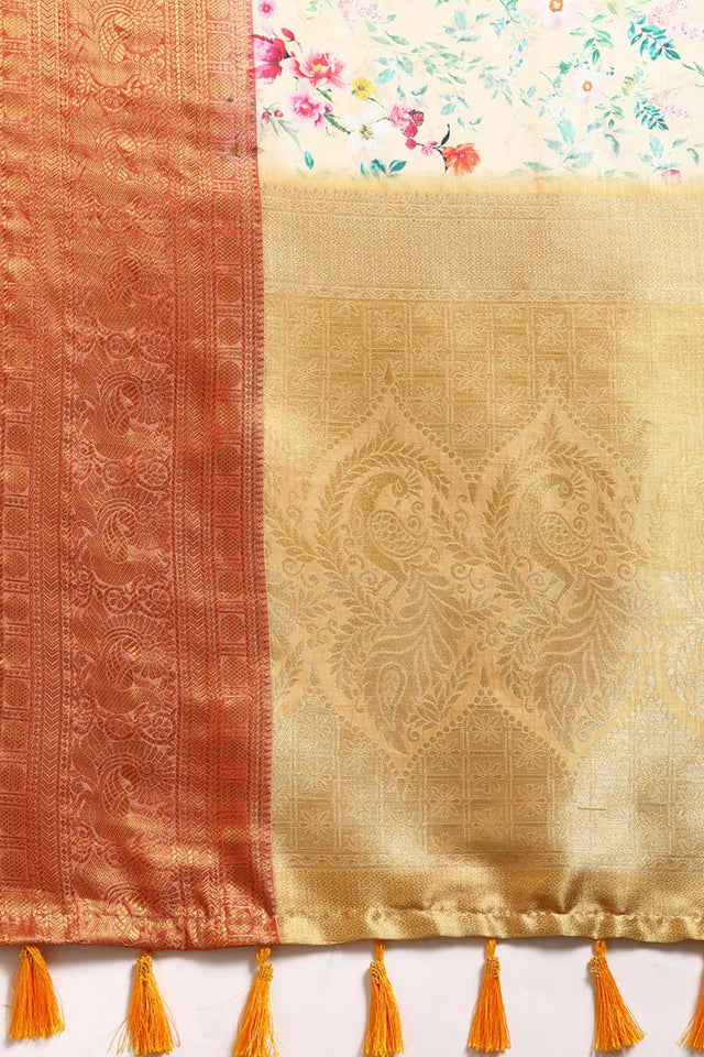 Orange Silk Printed Saree